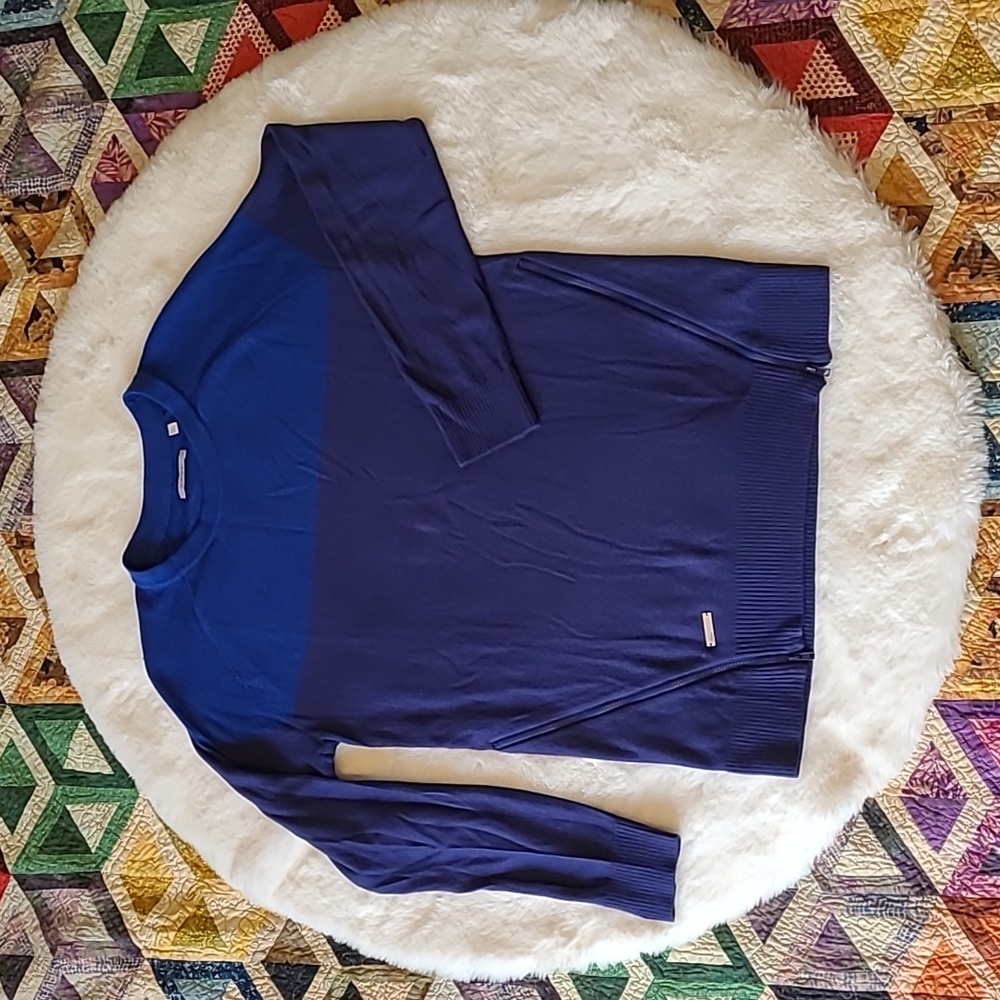 Adidas Blue Color Block Zipper Accent Casual Lightweight Knit Crewneck Sweater M